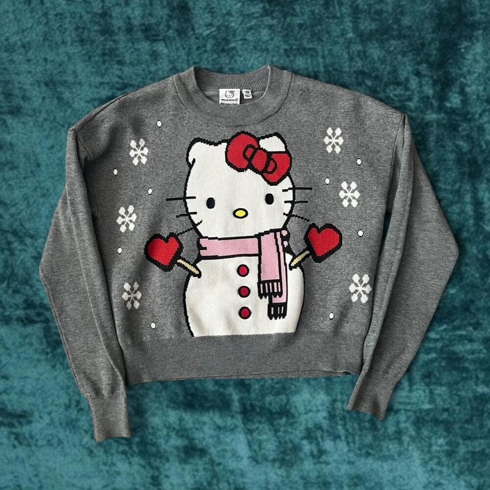 Hello Kitty Aero Grey Winter Snowman Graphic Knit Sweater XS